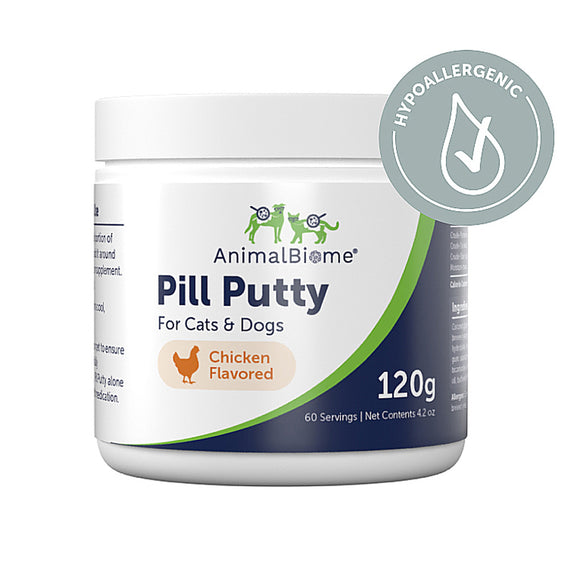 Container of AnimalBiome Pill Putty for cats and dogs with a chicken flavor label on a white background.