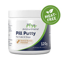Jar of AnimalBiome Pill Putty for pets with a 'Meat-Free' label on a white background
