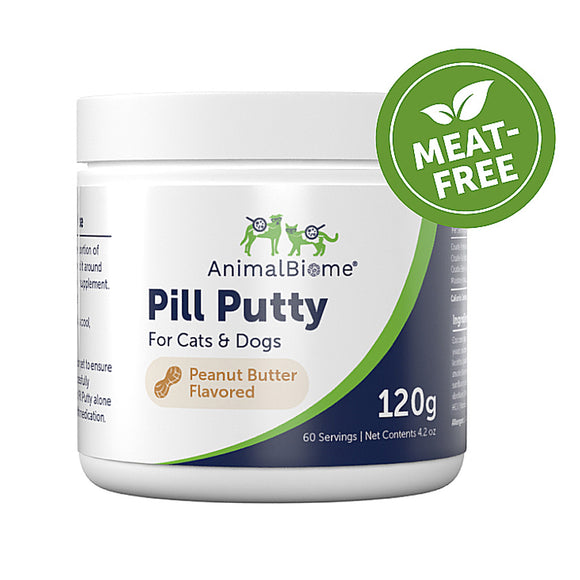 Jar of AnimalBiome Pill Putty for pets with a 'Meat-Free' label on a white background