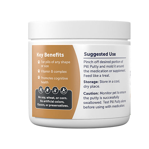 Container of Pill Putty with label detailing key benefits, suggested use, and storage instructions.