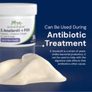 Probiotic powder container with text about its use during antibiotic treatment.