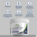 Container of Animal Biome S. boulardii + FOS powder with certification icons on a gray background