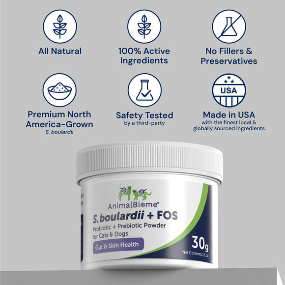Container of Animal Biome S. boulardii + FOS powder with certification icons on a gray background