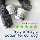 Two containers of AnimalBreed S. boulardii + FOS supplement with a dog's paw and five-star review text.