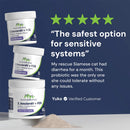 Three containers of Animal Biome S. boulardii + FOS probiotic powder with five-star rating and customer testimonial on a blue background.