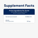 Supplement facts label with active ingredients per scoop on a white background
