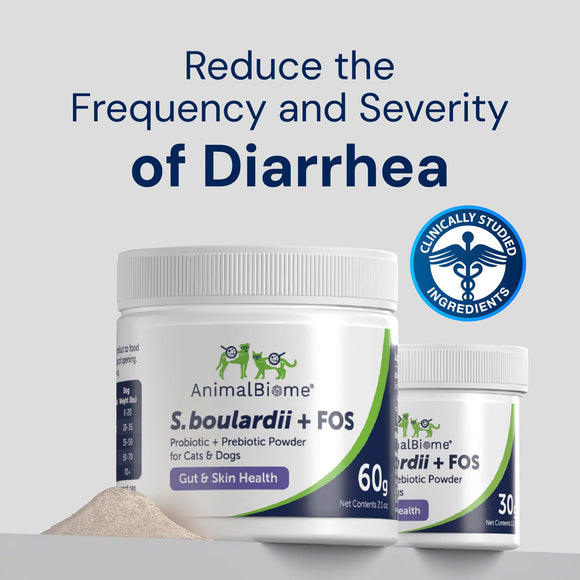 AnimalBiome S. boulardii + FOS powder packaging with text on a gray background