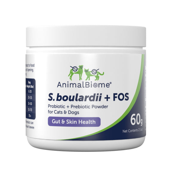 Container of AnimalBiome S. boulardii + FOS powder for pets on a white background