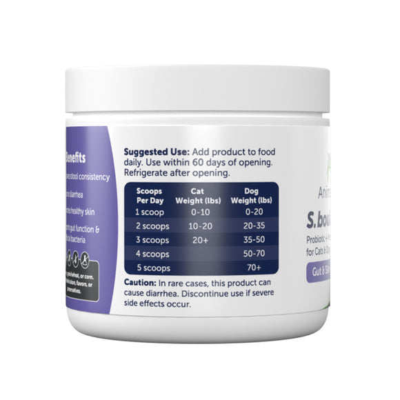 Container of a pet supplement with label on a white background