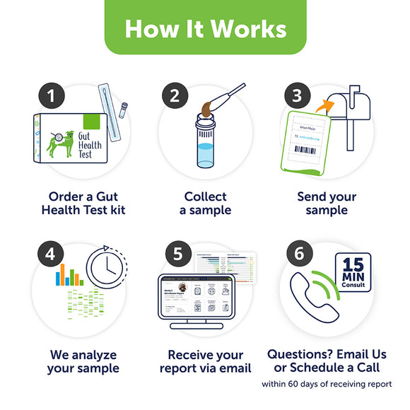 Step-by-step guide on how to order a gut health test kit, collect a sample, send the sample, analyze the sample, receive a report, and seek further assistance.