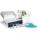 Dog health test kit with box, test strip, and gloves on a white background