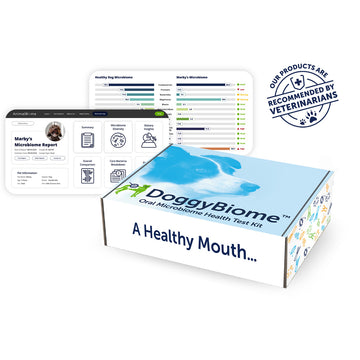DoggyBiome oral microbiome health test kit with digital report on a white background