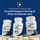 Three bottles of DoggyBiome GMP products with text about antibiotic support on a blue background.