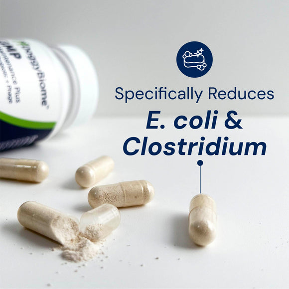 Supplement capsules with a bottle labeled 'MyProbiotic' on a light background, highlighting E. coli and Clostridium reduction.