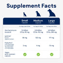Supplement facts chart for different capsule sizes for dogs on a white background