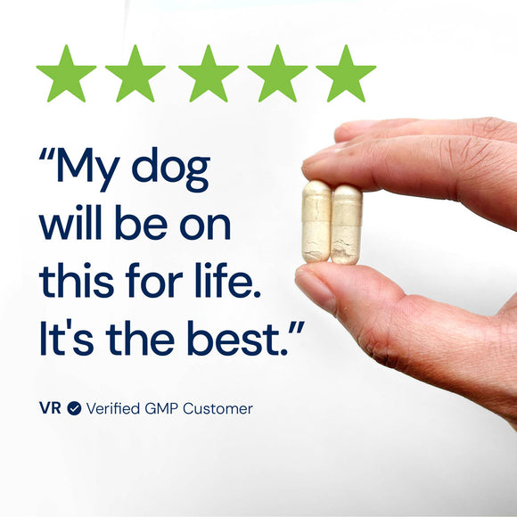 Hand holding two capsules with five green stars and a customer review on a white background