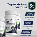 DoggyBiome GMP supplement bottles with text highlighting triple action formula on a gray background
