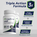DoggyBiome GMP supplement bottle with text highlighting triple action formula on a gray background
