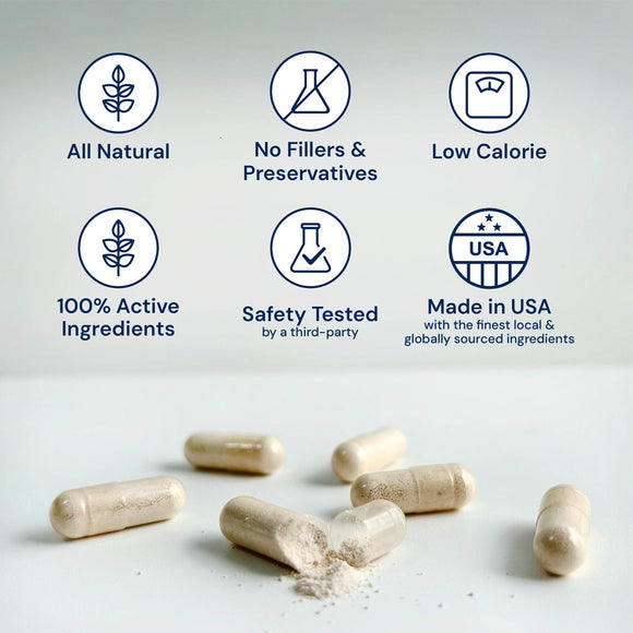 Capsules with certification icons for natural, no fillers, low calorie, active ingredients, safety tested, and made in USA on a light background.