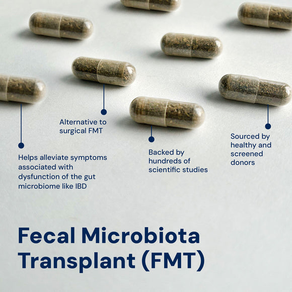 Fecal Microbiota Transplant capsules with descriptive text on a light gray background