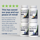 DoggyBiome Gut Restore supplement bottles with customer testimonial on a light gray background