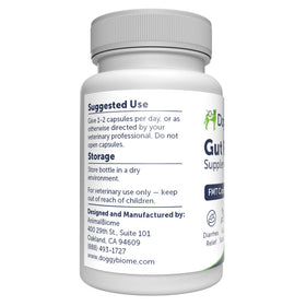 Bottle of Doggy Biome gut supplement on a white background
