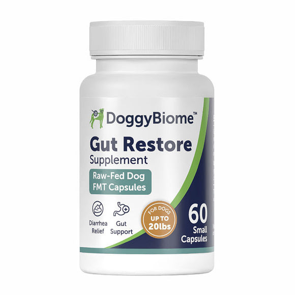DoggyBiome Gut Restore supplement bottle on a white background