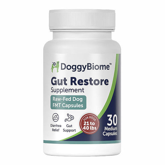 DoggyBiome Gut Restore supplement bottle on a white background