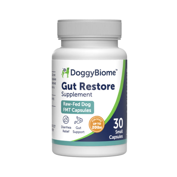 DoggyBiome Gut Restore supplement bottle on a white background