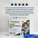 KittyBiome cat gut microbiome test kit with a customer review on a white background