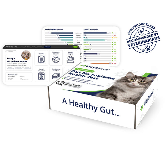Cat microbiome test kit with a cat on the packaging and a white background