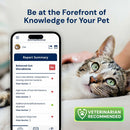 Phone displaying a pet health app with a cat lying on a person's arm in the background