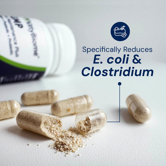Supplement capsules with a bottle labeled 'NutraFlora' on a light background, highlighting E. coli and Clostridium reduction.
