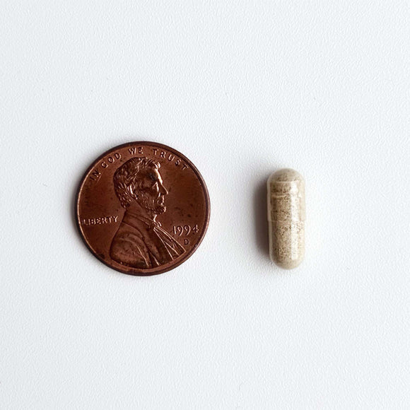 Pill next to a penny on a white background
