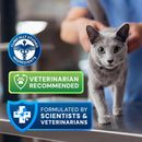 Gray cat being held by a person with product certification badges displayed.