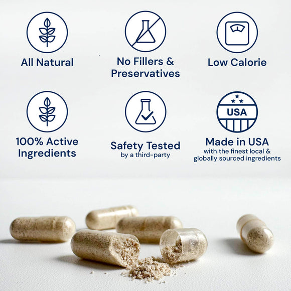 Supplement capsules with certification icons on a white background