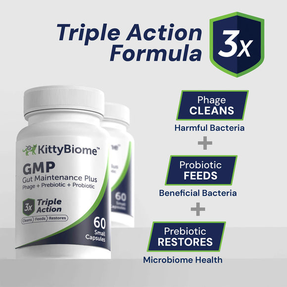 KittyBiome GMP Gut Maintenance Plus supplement bottles with text highlighting triple action formula.