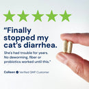 Hand holding two capsules with a five-star rating and customer testimonial on a white background