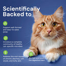 Cat on a blue background with text about scientific backing and cat health benefits.
