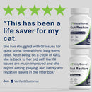 KittyBiome Gut Restore supplement bottle with customer testimonial on a light gray background