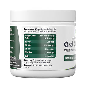 Pet supplement container with usage instructions on a white background