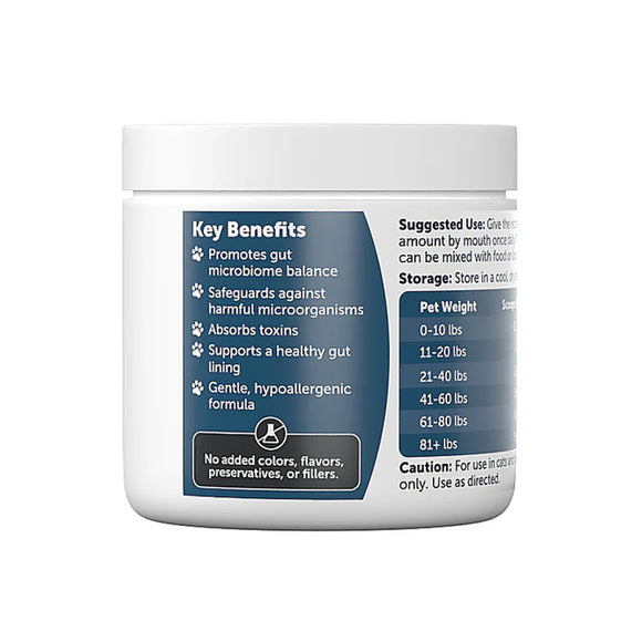 Container with label detailing key benefits and usage instructions on a white background