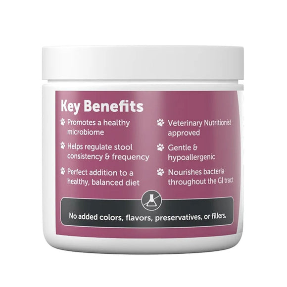 Jar with a purple label listing key benefits on a white background