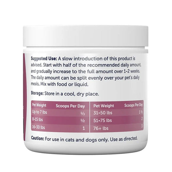 Container with pet supplement label on a white background