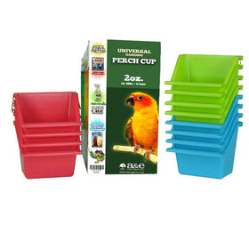 Bird perch cups in red, green, and blue with a packaging box featuring a parrot on a white background.
