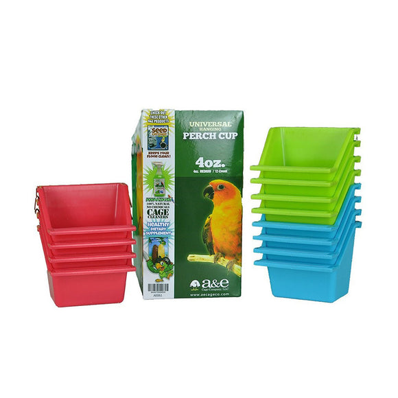 Stack of red and green perch cups with a packaging box featuring a parrot on a white background