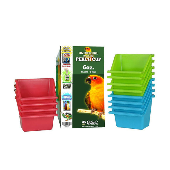 Stacks of red, green, and blue perch cups with a packaging box featuring a parrot on a white background.