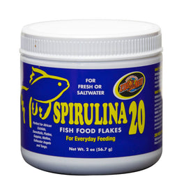 Jar of Zoo Med Spirulina 20 fish food flakes on a white background