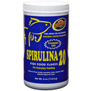 Container of Zoo Med Spirulina 20 fish food flakes on a white background
