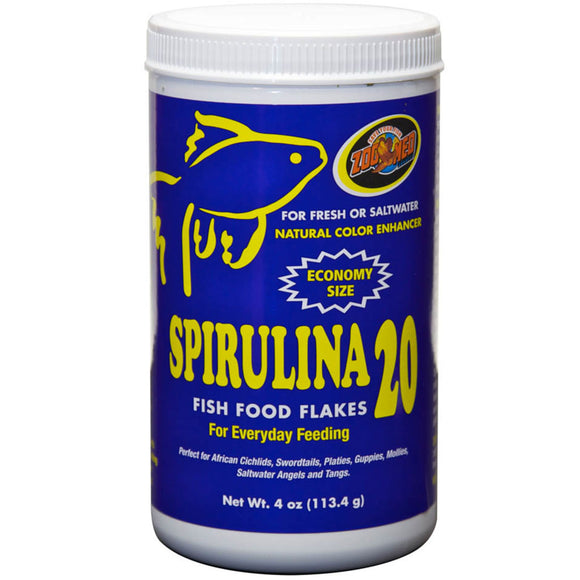 Container of Zoo Med Spirulina 20 fish food flakes on a white background